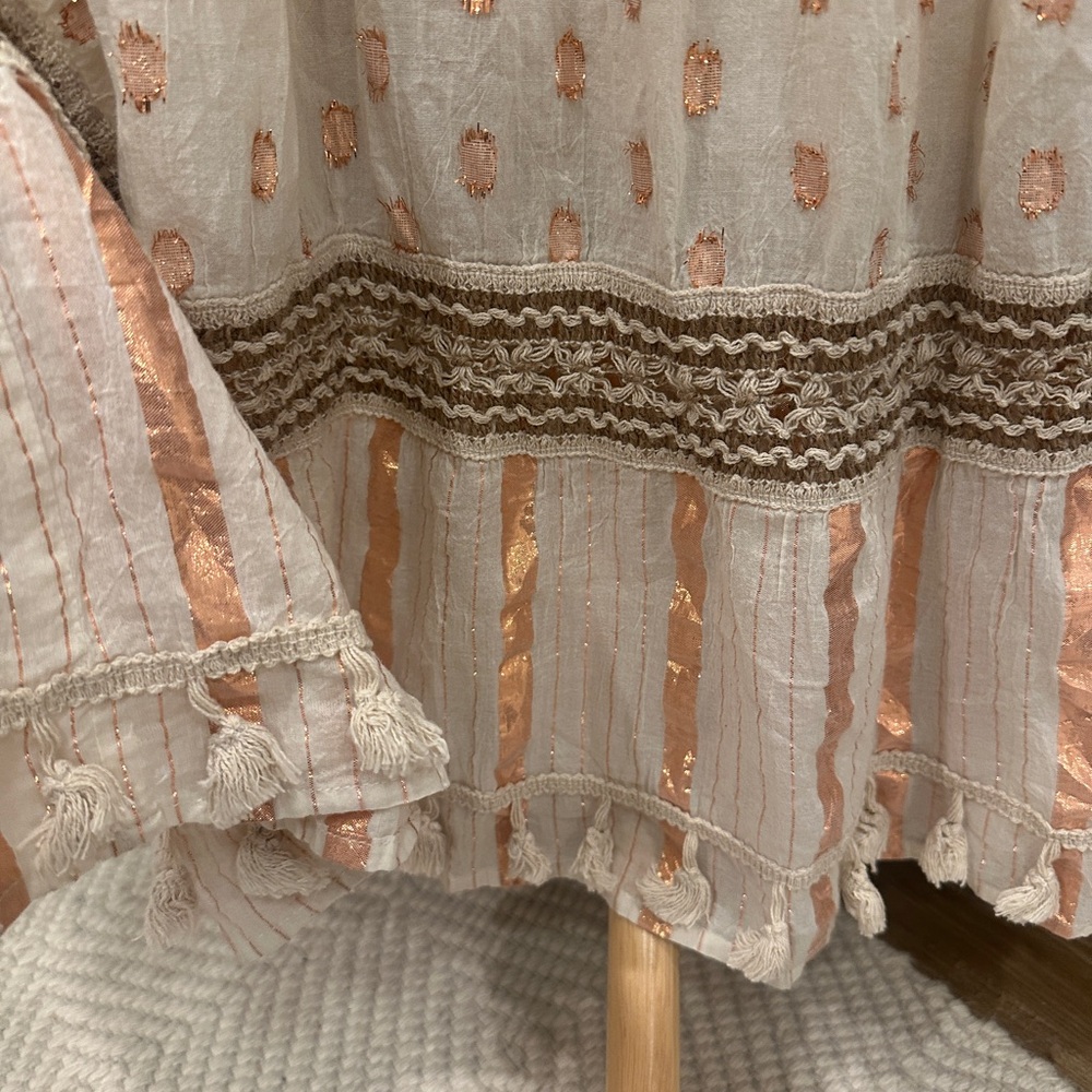 Boho Metallic Thread Maxi Dress | Cream Rose Gold Embroidered | Crochet Trim | - Picture 5 of 7